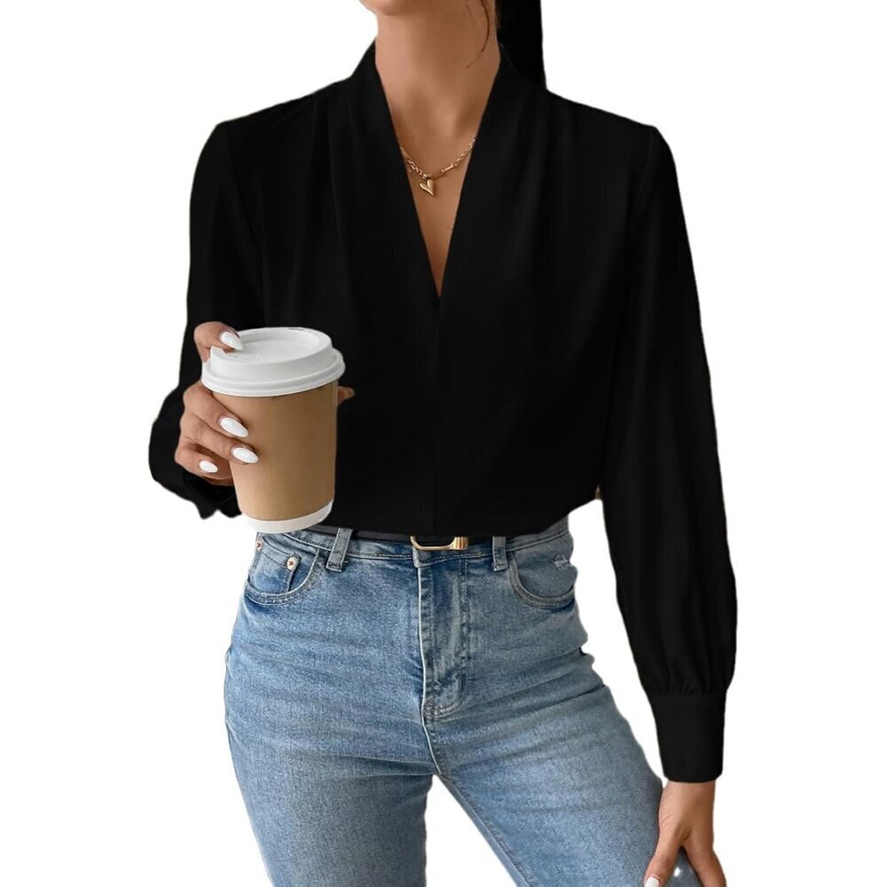 Women Work Blouse Long Sleeve V-Neck Casual Office Top Lightweight